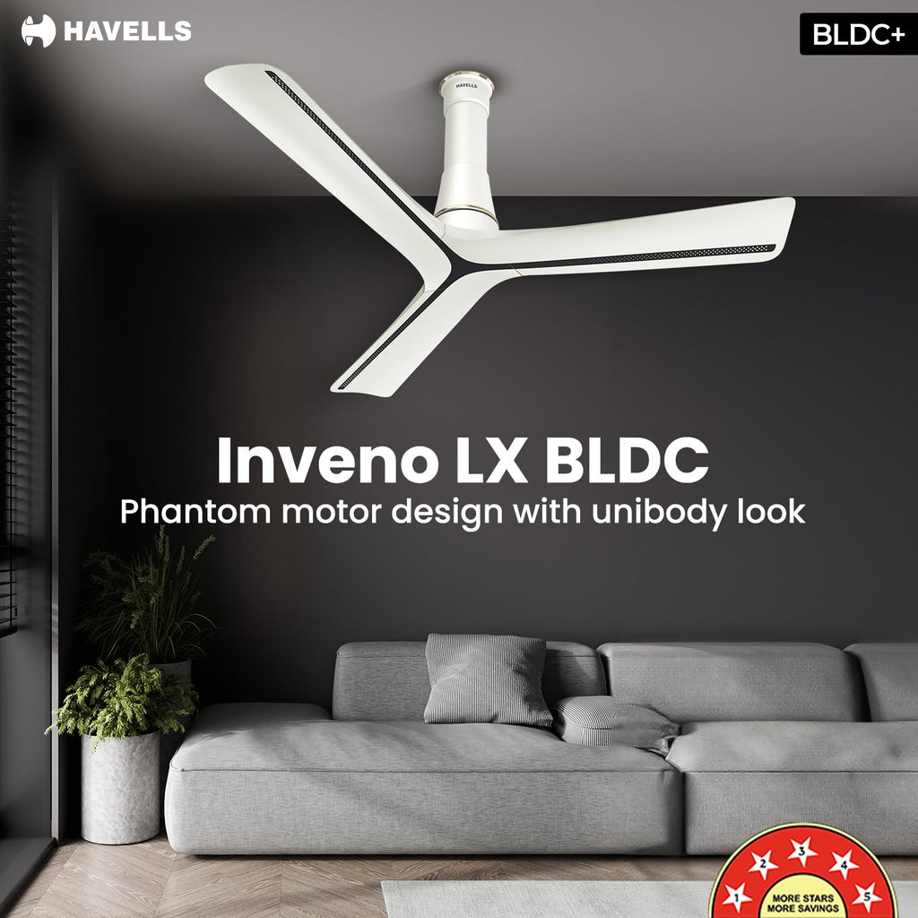 Havells Inveno LX 1200 mm BLDC Ceiling Fan|ABS Aerodyanamic Blades|Telescopic Canopy|