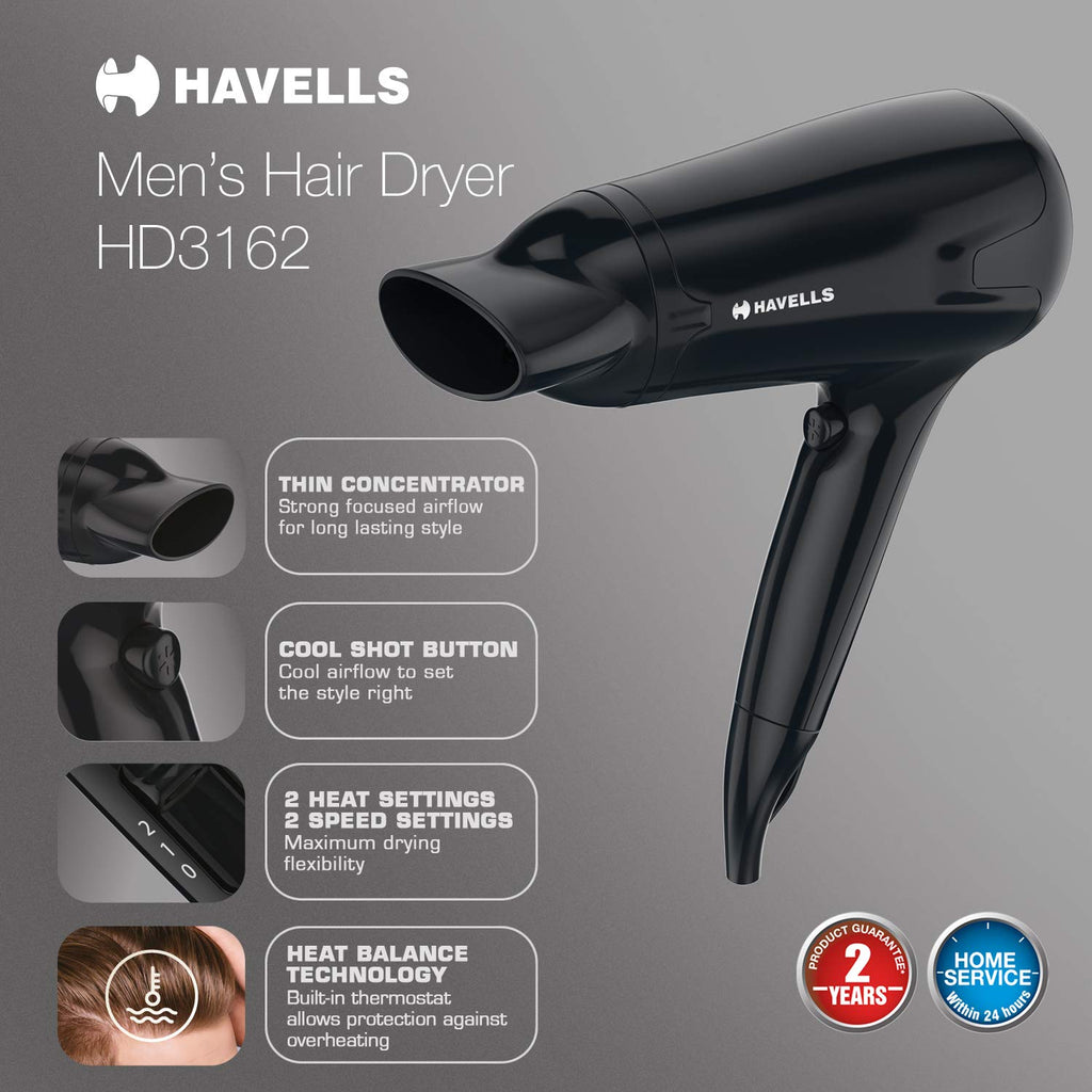 Havells HD3162 Men's 1565 Watts Powerful Hair Dryer with Thin Concentrator and Cool Shot Button; Heat Balance Technology ( Black )