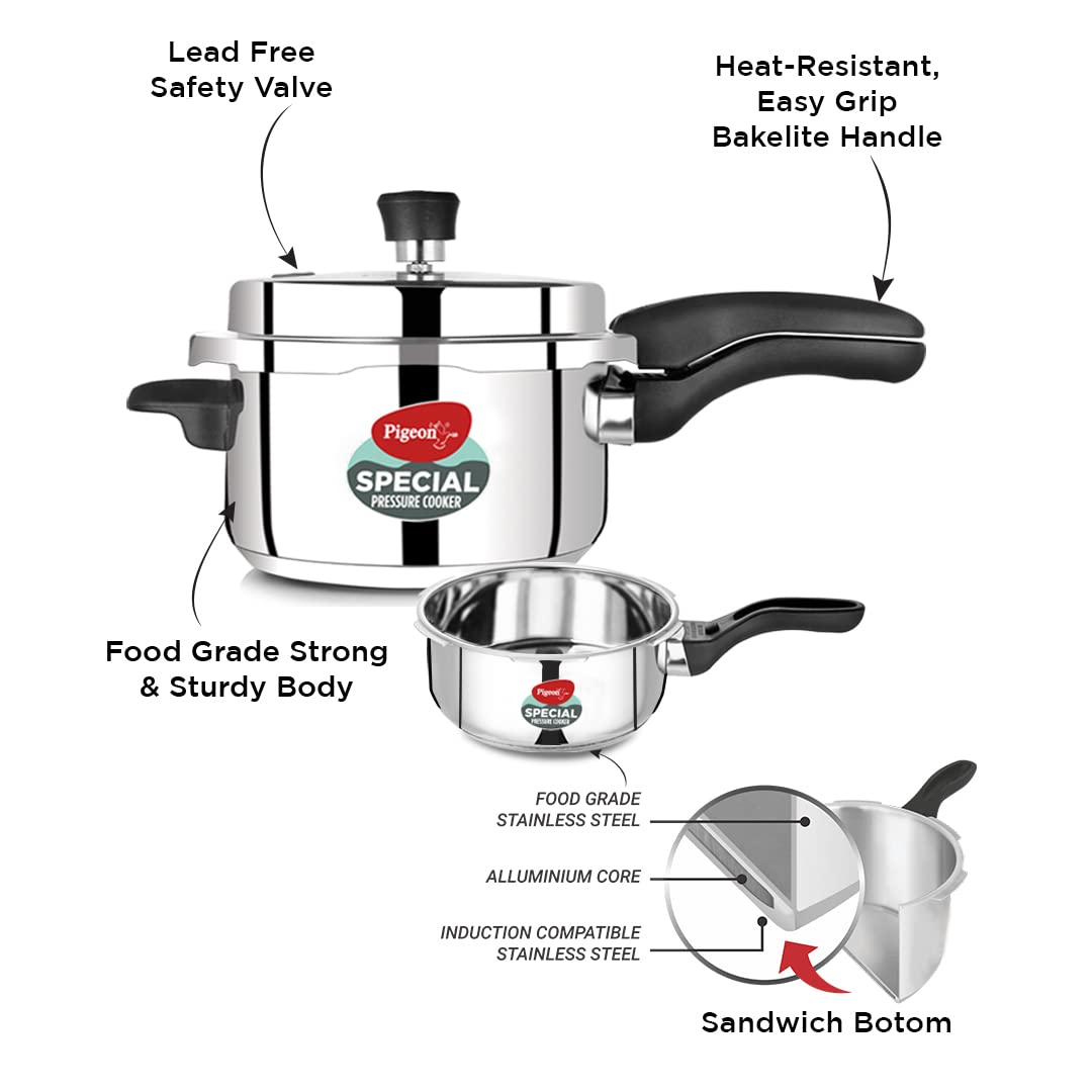 Pigeon By Stovekraft Special Stainless Steel Pressure Cooker with Outer Lid Induction and Gas Stove Compatible 2, 3, 5 Litre Capacity for Healthy...