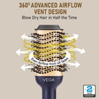 Vega Pro Volumizer Hair Blow Dryer Brush, 3 in 1 Hot Air Brush, 360° Airflow Vent, 2 in1 Quick Drying & Styling, 3