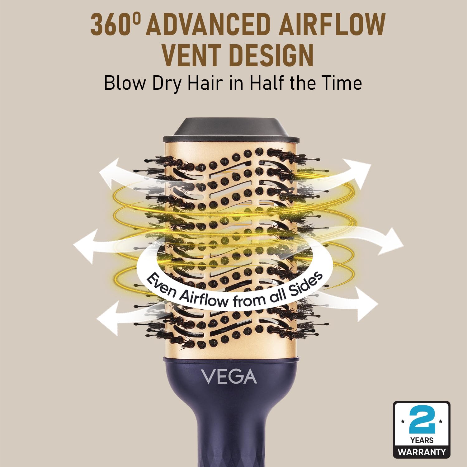 Vega Pro Volumizer Hair Blow Dryer Brush, 3 in 1 Hot Air Brush, 360° Airflow Vent, 2 in1 Quick Drying & Styling, 3