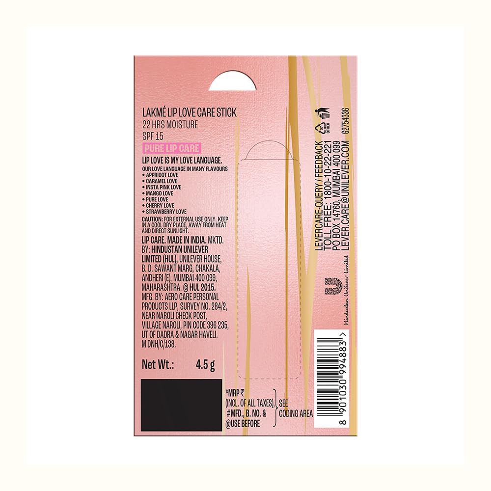 Lakme Lip Love Care Stick Pure Lip Care, with 10% Vitamin E Complex, nourished with Shea & Cocoa Butter and enriched with Almond & Jojoba Oil for...