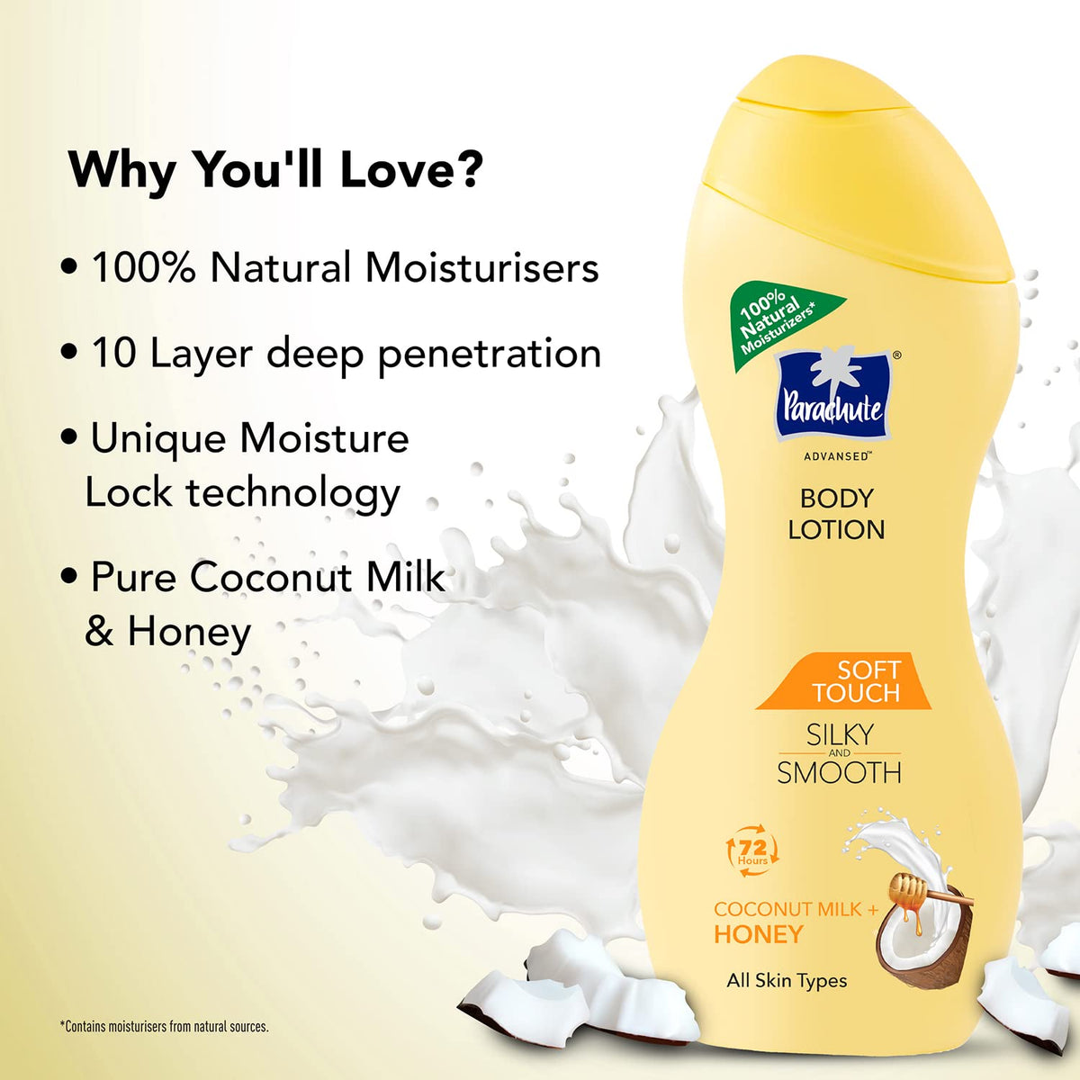 Parachute Advansed Soft Touch Body Lotion for Women & Men, All Skin types, 600ml | Pure Coconut Milk & Honey, 100% Natural, 72h Moisturisation