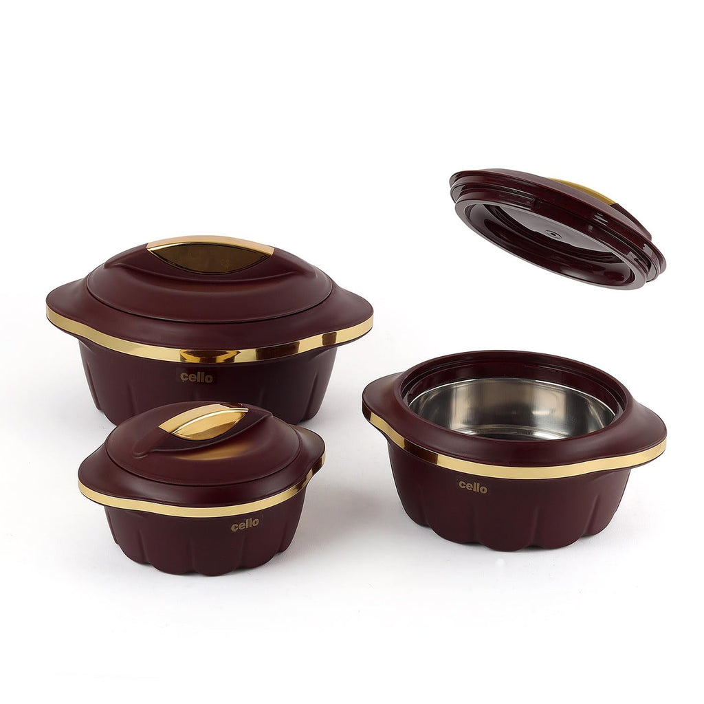 CELLO Stylus Insulated Casserole Hot Pot Box Set of 3 Pcs, Brown (500ml, 1000ml, 1500ml) |