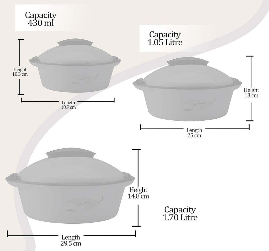 MILTON Crisp DLX Insulated Inner Steel Casserole, Set of 3, (430 ml, 1.05 litres, 1.70 litres) Grey