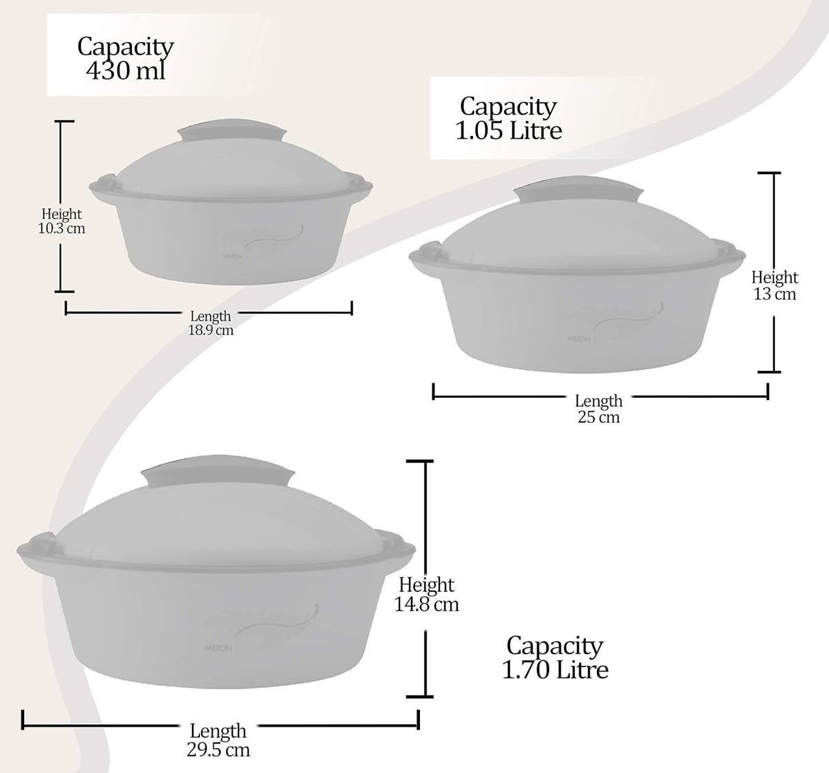 MILTON Crisp DLX Insulated Inner Steel Casserole, Set of 3, (430 ml, 1.05 litres, 1.70 litres) Grey