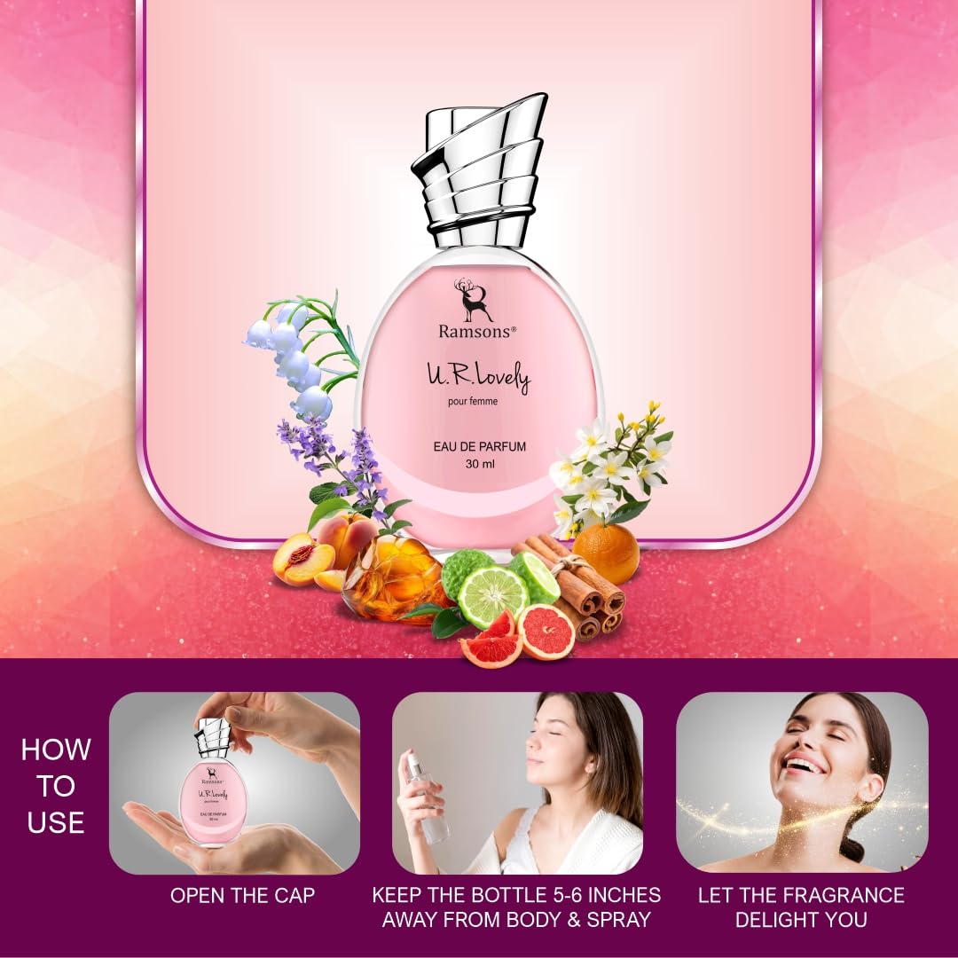 Ramsons - U R LOVELY Eau De Parfum | 30 ML x 2| Perfume For Women | TN - Bergamot, Peach, Orange, Grapefruit, Aquatic | MN - Lilly of the valley, Rose, Jasmine, Cinnamon | BN - Woody, Musk, Vanilla