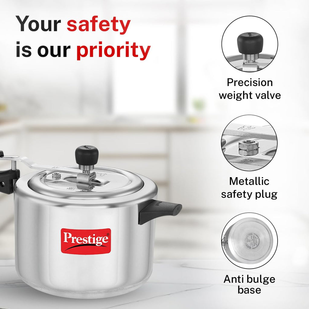Prestige 5 Litre Aluminium Nakshatra Svachh Innerlid Pressure Cooker|Deep lid for spillage control|Virgin Aluminium|Gas Compatible|Metallic Safety Plug|5 Years warranty|ISI Certified