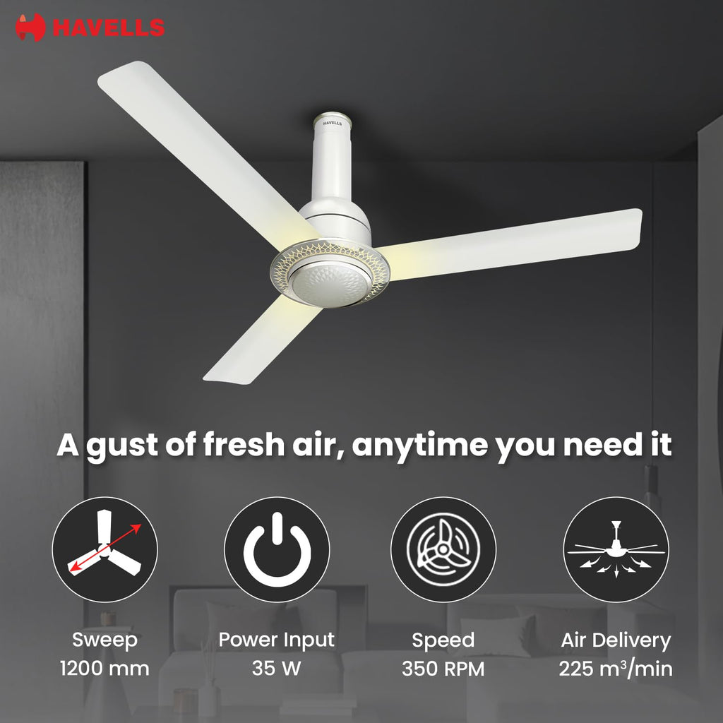 Havells CERA BLDC 1200mm Premium Underlight Ceiling Fan with 100% Pure Copper|Watt: 35|Air Flow: 225 cmm|Speed: 350 RPM|...