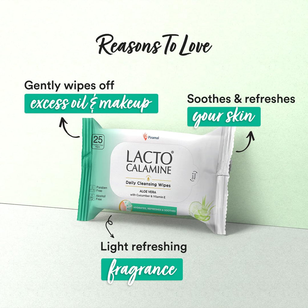 Lacto Calamine Daily Cleansing Face Wipes 25N Each - Pack of 2 | Makeup Remover Wipes | Wet Tissue for Face with Aloe Vera, Cucumber & Vitamin E | Wet..