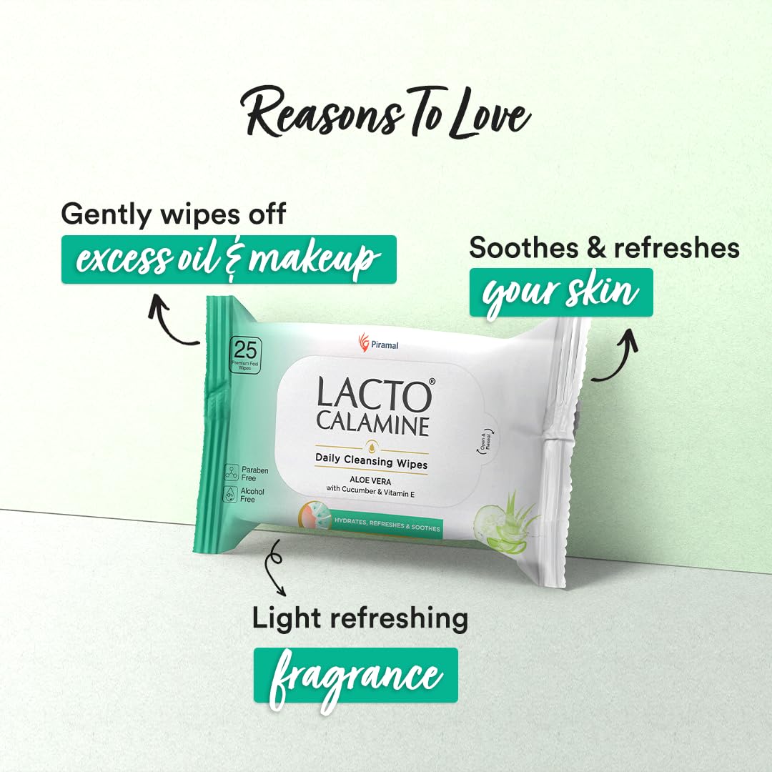 Lacto Calamine Daily Cleansing Face Wipes 25N Each - Pack of 2 | Makeup Remover Wipes | Wet Tissue for Face with Aloe Vera, Cucumber & Vitamin E | Wet..
