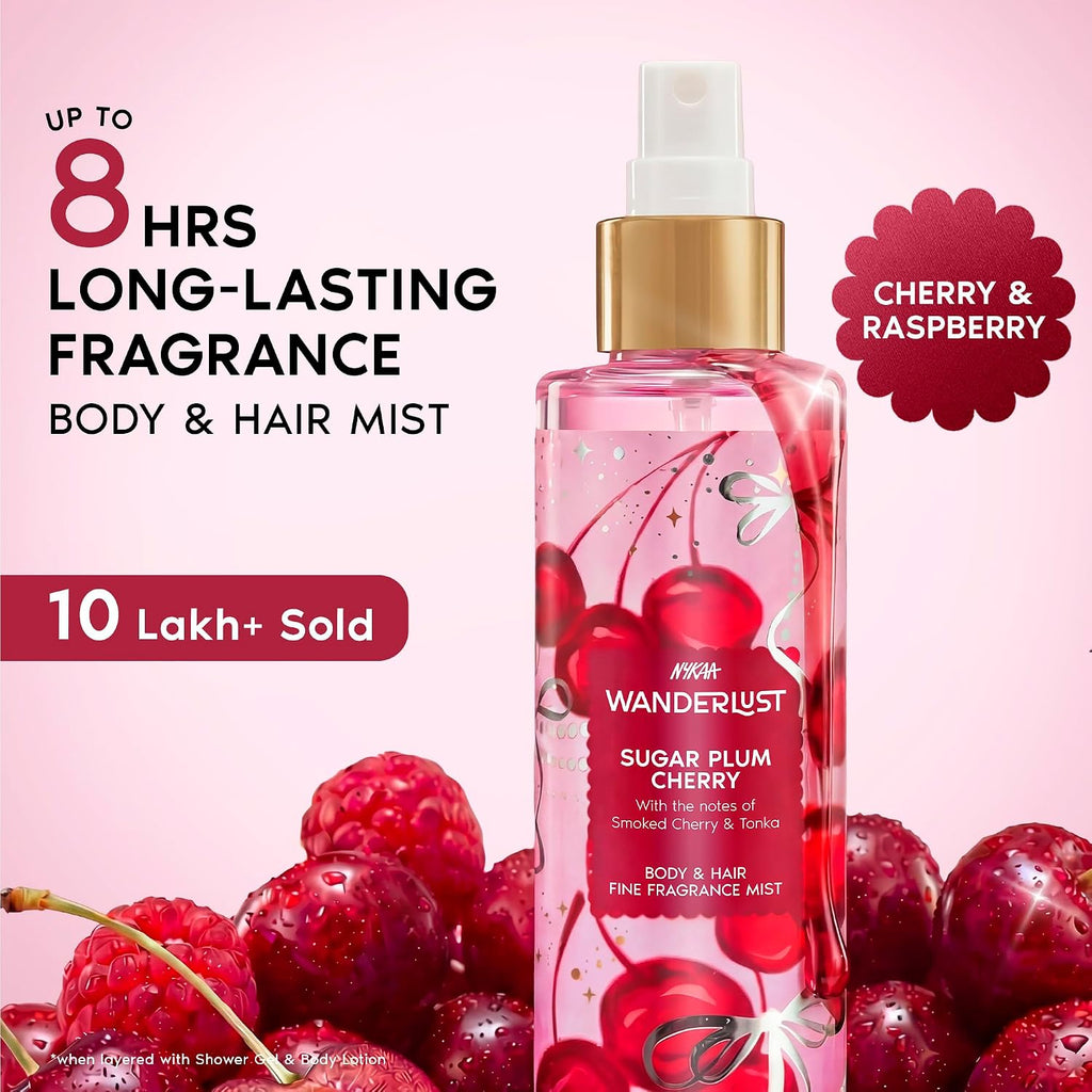 Nykaa Wanderlust Sugar Plum Cherry Perfume Body & Hair Mist, Notes of Cherry & Raspberry, 8 Hrs Long-Lasting Everyday Fragrance, 200 ml