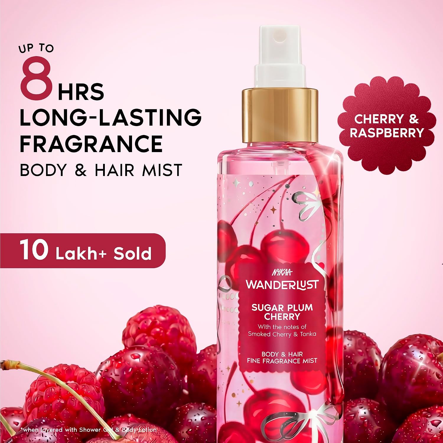 Nykaa Wanderlust Sugar Plum Cherry Perfume Body & Hair Mist, Notes of Cherry & Raspberry, 8 Hrs Long-Lasting Everyday Fragrance, 200 ml