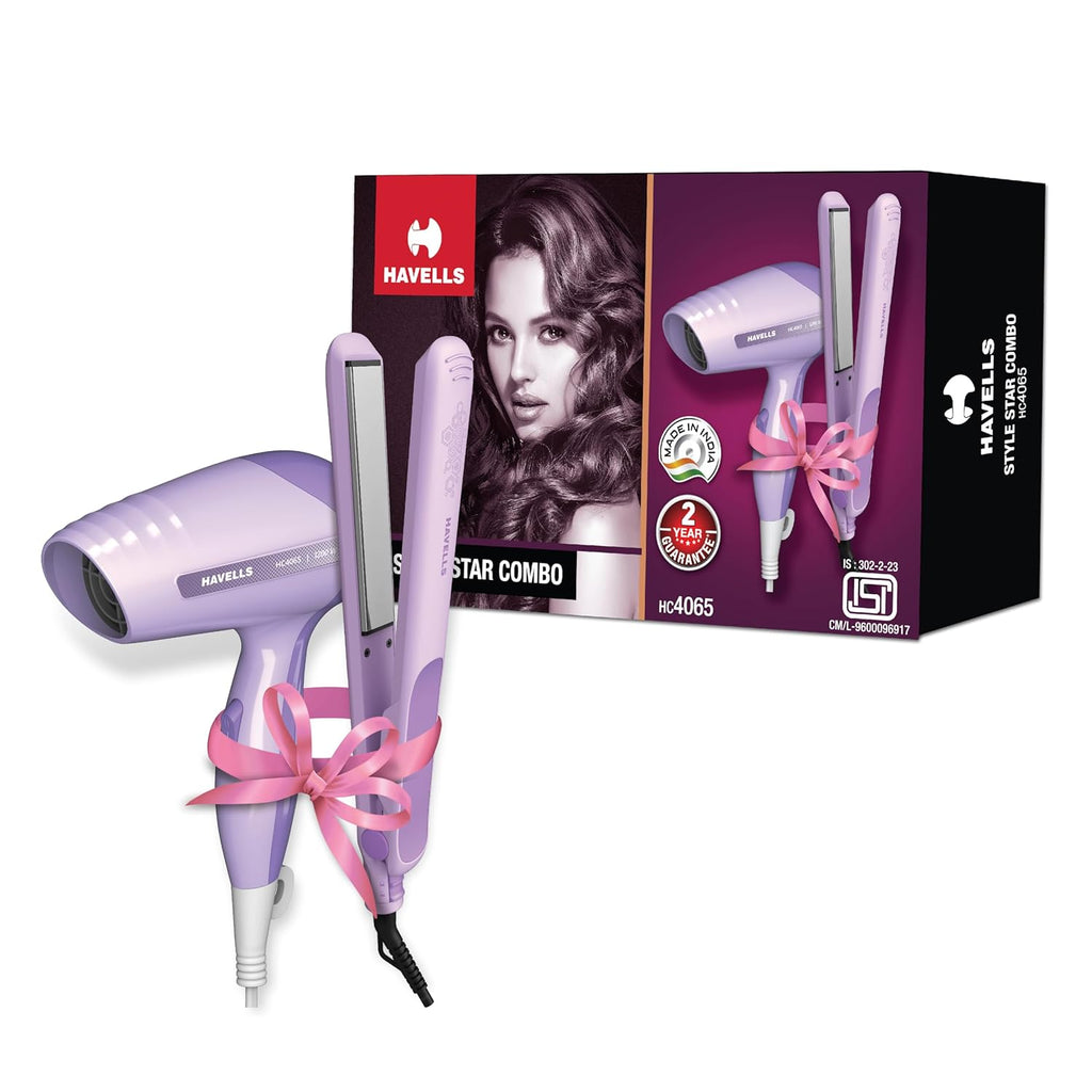 Havells Styling Combo of Hair Dryer & Straightener|1200W Dryer|Floating Plate Straightener|Blow Dry for Men & Women| HC4065