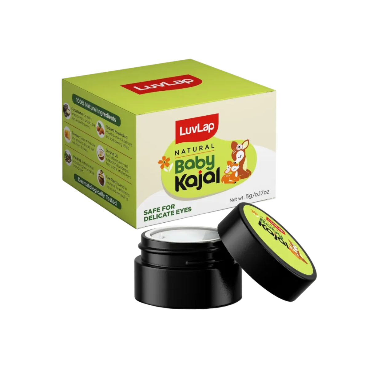 LuvLap 100% Natural Baby Kajal 5g, with Pure Cow Ghee, Cocoa Butter, Coconut Oil, Sweet Almond & Castor Oil, Soothes & Nourishes Eyes of New Born & Kids, Irritation-free, Dermatologically Tested