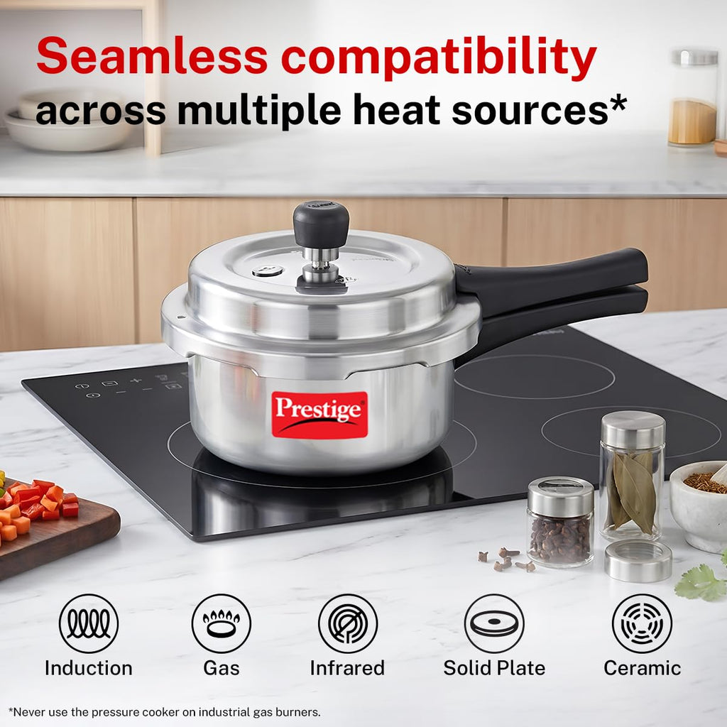 Prestige 2 Litre Aluminium Popular Plus Svachh Outerlid Pressure Cooker|Deep Lid for spillage Control|Virgin Aluminium|Gas & Induction Compatible|Gasket Release System|5 years warranty|ISI Certified