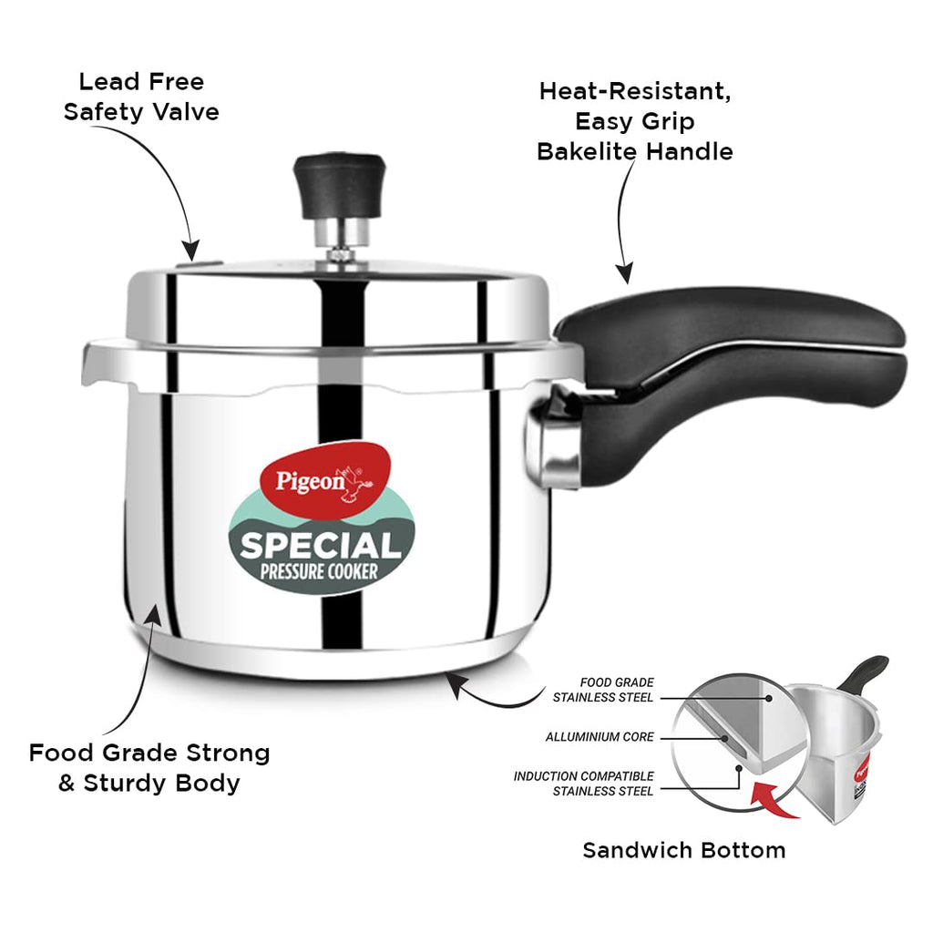 Pigeon By Stovekraft 14549 Induction Base Outer Lid Stainless Steel Pressure Cooker,3 Liters,Silver