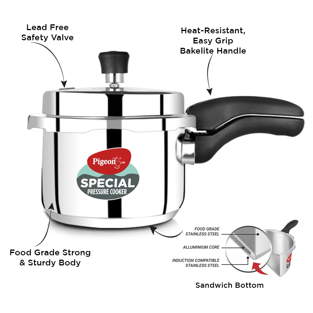 Pigeon By Stovekraft 14549 Induction Base Outer Lid Stainless Steel Pressure Cooker,3 Liters,Silver