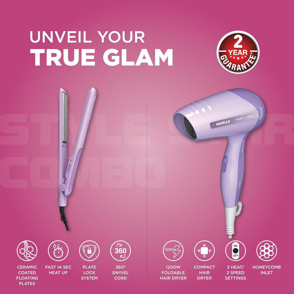 Havells Styling Combo of Hair Dryer & Straightener|1200W Dryer|Floating Plate Straightener|Blow Dry for Men & Women| HC4065