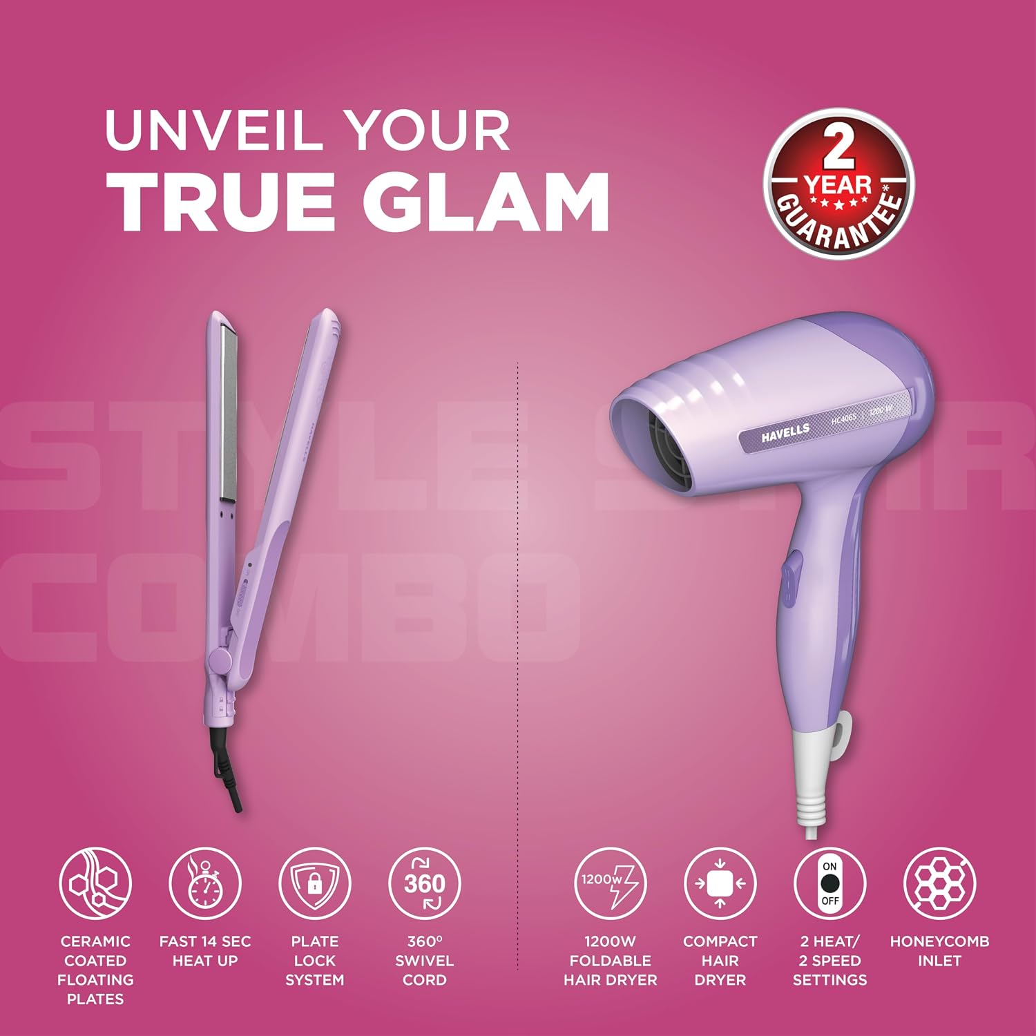 Havells Styling Combo of Hair Dryer & Straightener|1200W Dryer|Floating Plate Straightener|Blow Dry for Men & Women| HC4065