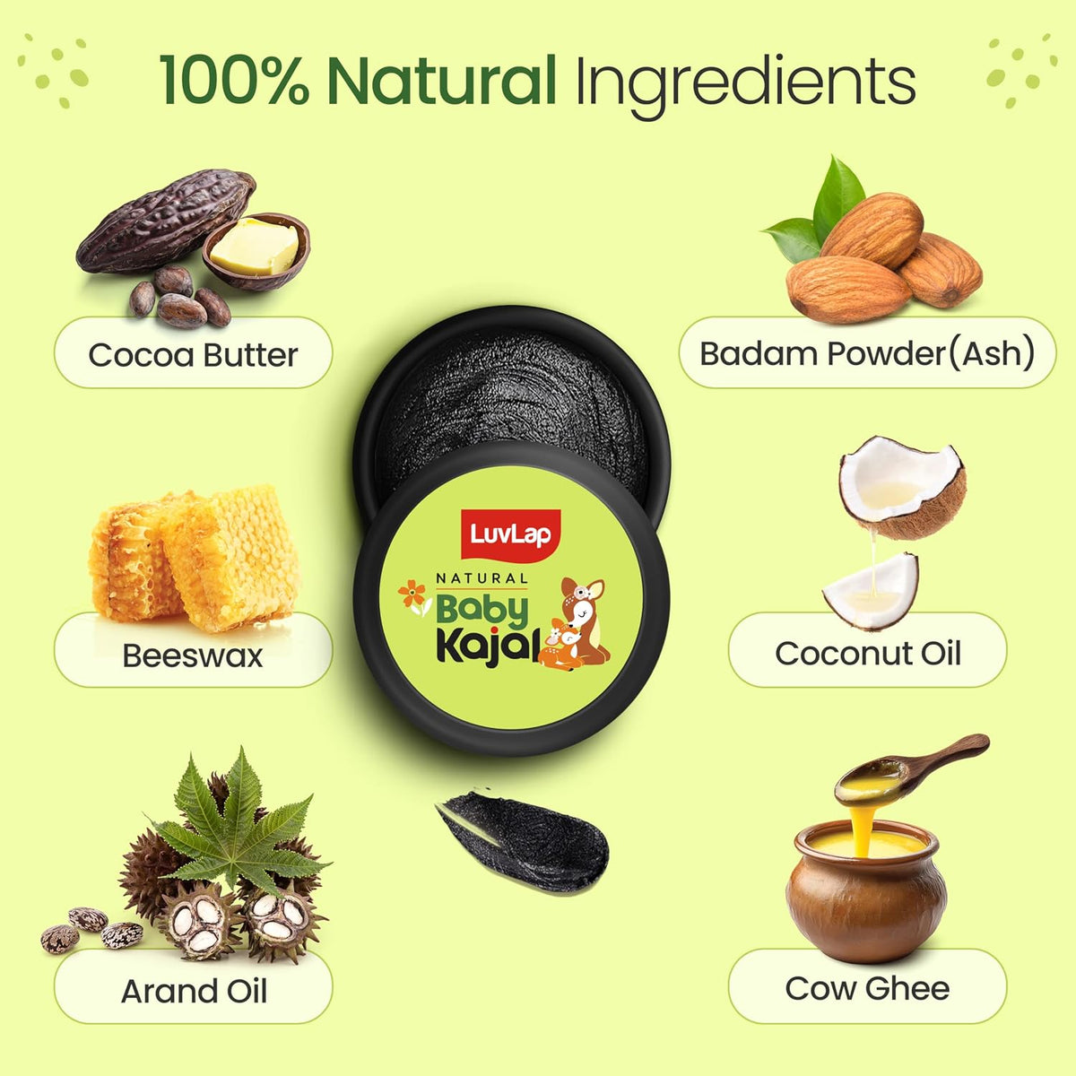 LuvLap 100% Natural Baby Kajal 5g, with Pure Cow Ghee, Cocoa Butter, Coconut Oil, Sweet Almond & Castor Oil, Soothes & Nourishes Eyes of New Born & Kids, Irritation-free, Dermatologically Tested