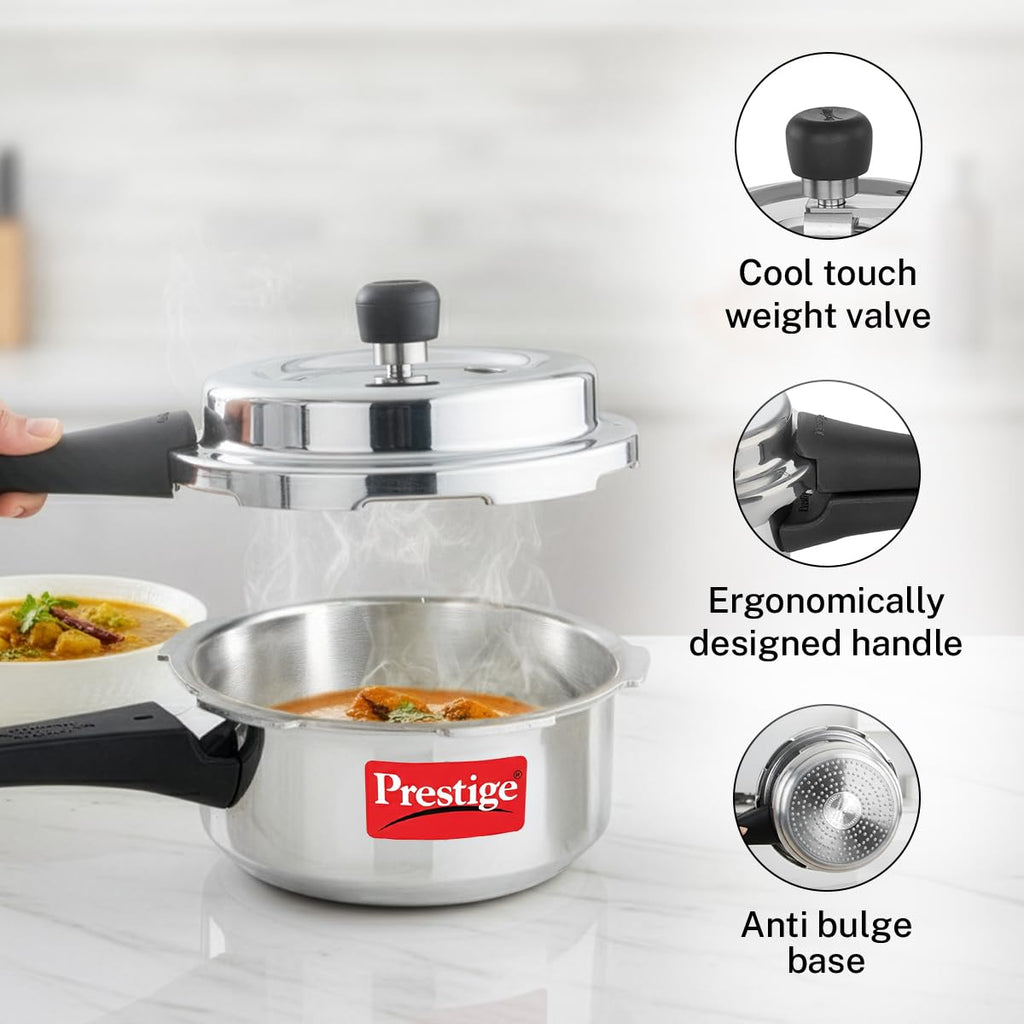 Prestige 2 Litre Aluminium Popular Plus Svachh Outerlid Pressure Cooker|Deep Lid for spillage Control|Virgin Aluminium|Gas & Induction Compatible|Gasket Release System|5 years warranty|ISI Certified