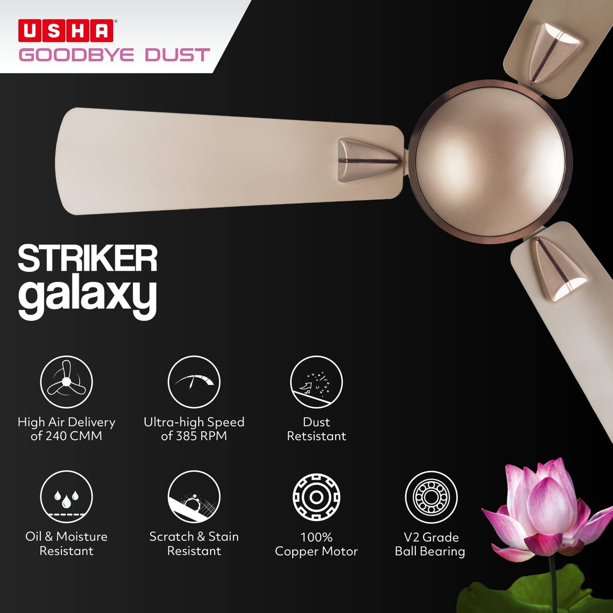 USHA Striker Galaxy 1200mm Energy Efficient 1 Star Rated Power Saving High Speed Oil & Dust Resistant Ceiling Fan|1star| ISI Certified | |New Bright Gold|