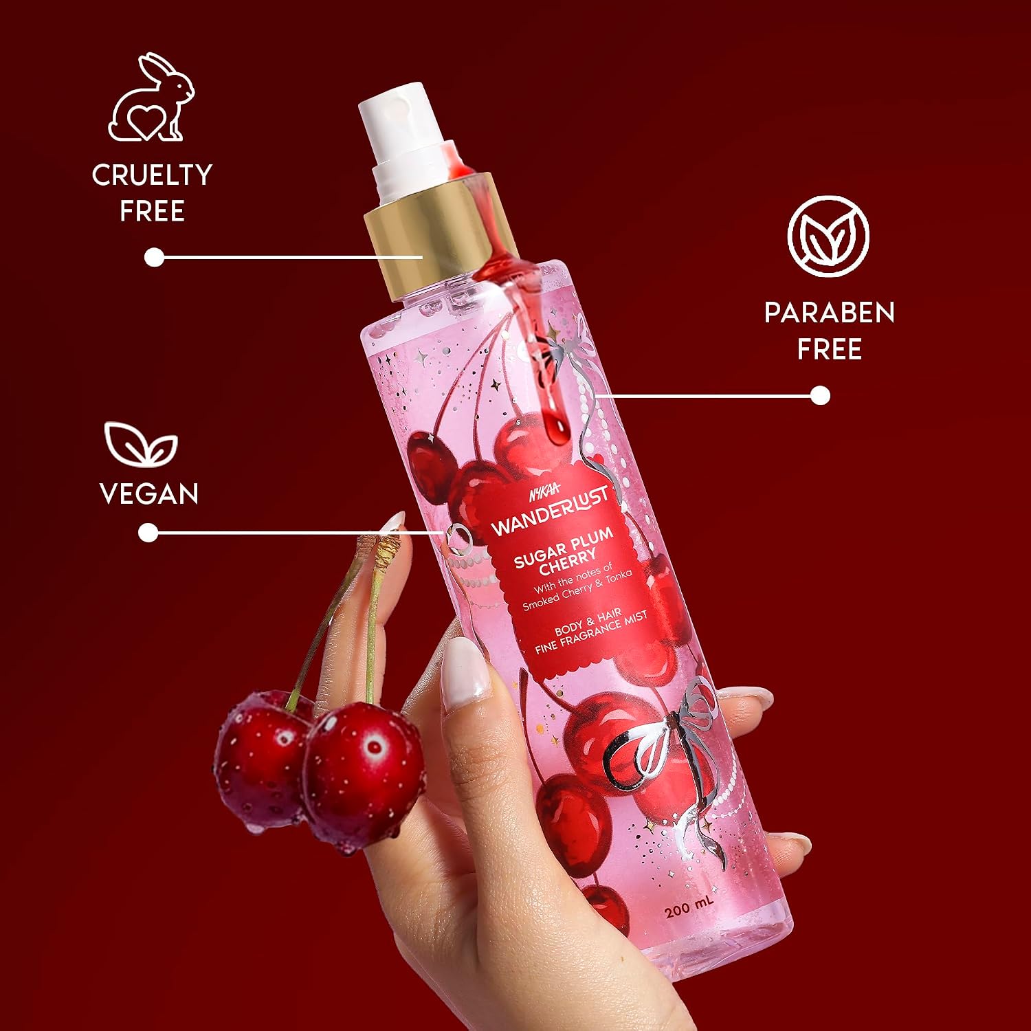 Nykaa Wanderlust Sugar Plum Cherry Perfume Body & Hair Mist, Notes of Cherry & Raspberry, 8 Hrs Long-Lasting Everyday Fragrance, 200 ml