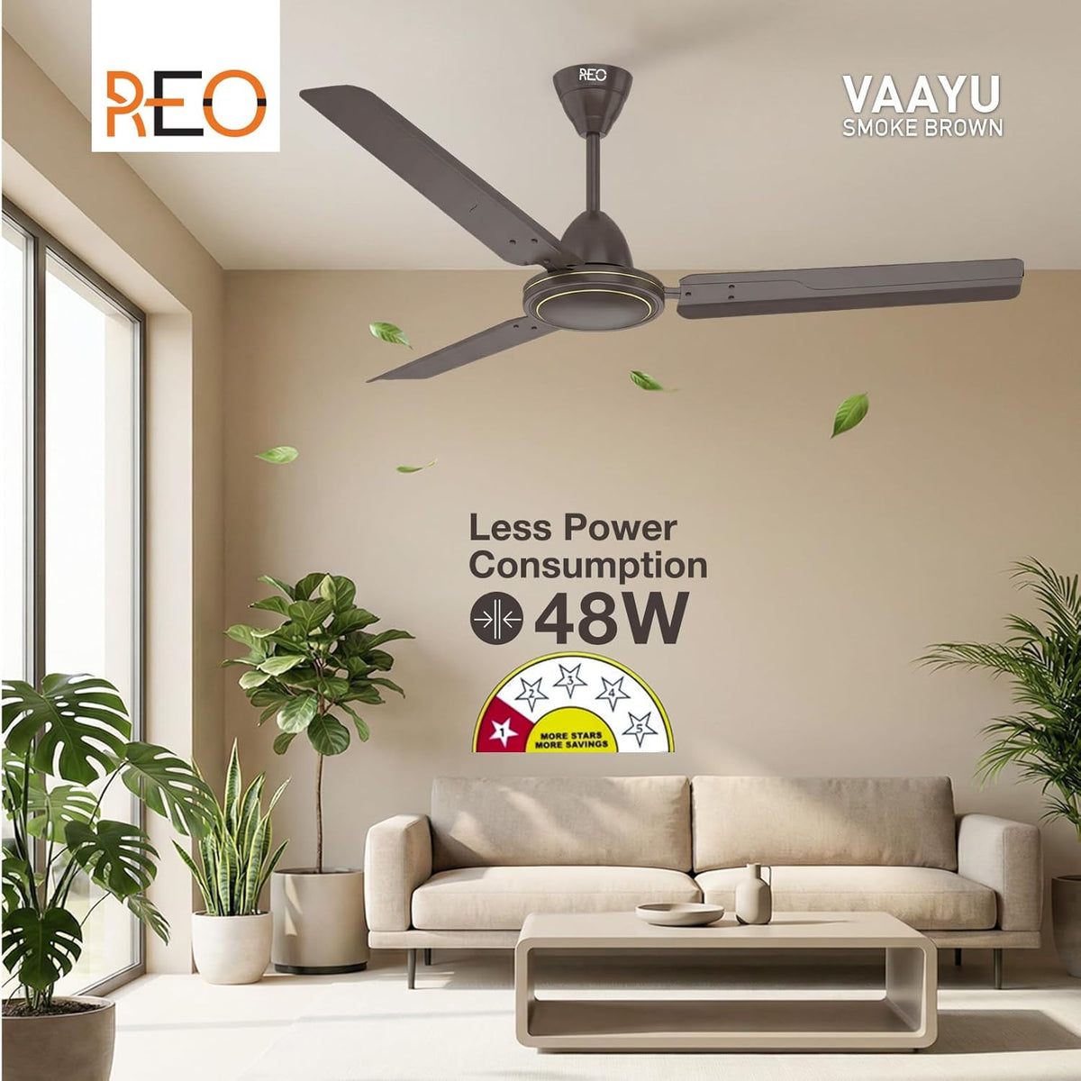 Havells REO Vaayu 1200mm ES Ceiling Fan | High Speed, High Air Delivery | Strong & Powerful, Air Delivery: 220CMM| RPM: 370| 2 Year Warranty | (Pack of 1, Smoke Brown)