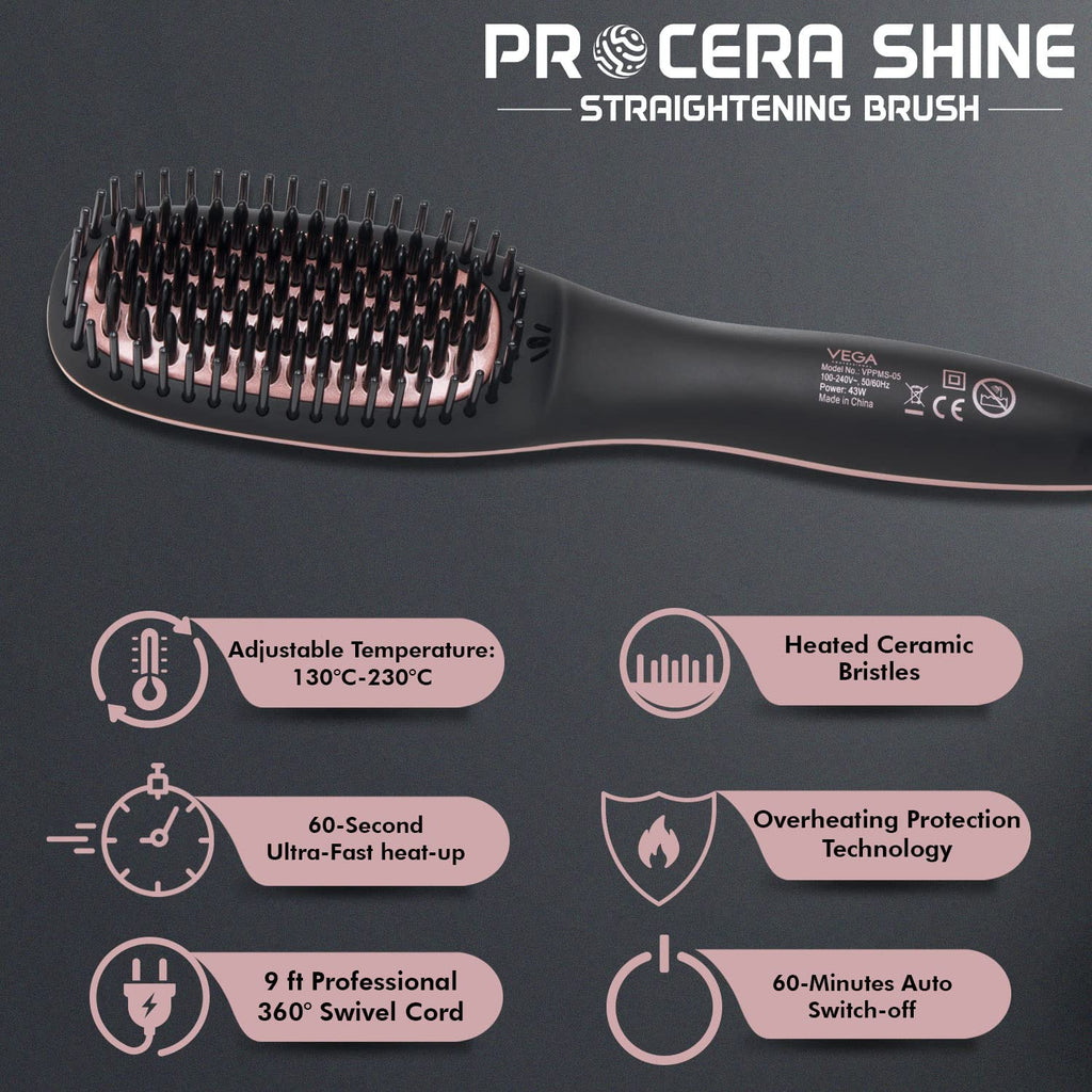 VEGA PROFESSIONAL Pro Cera Shine Hair Straightener Brush For Women With Ceramic Bristles