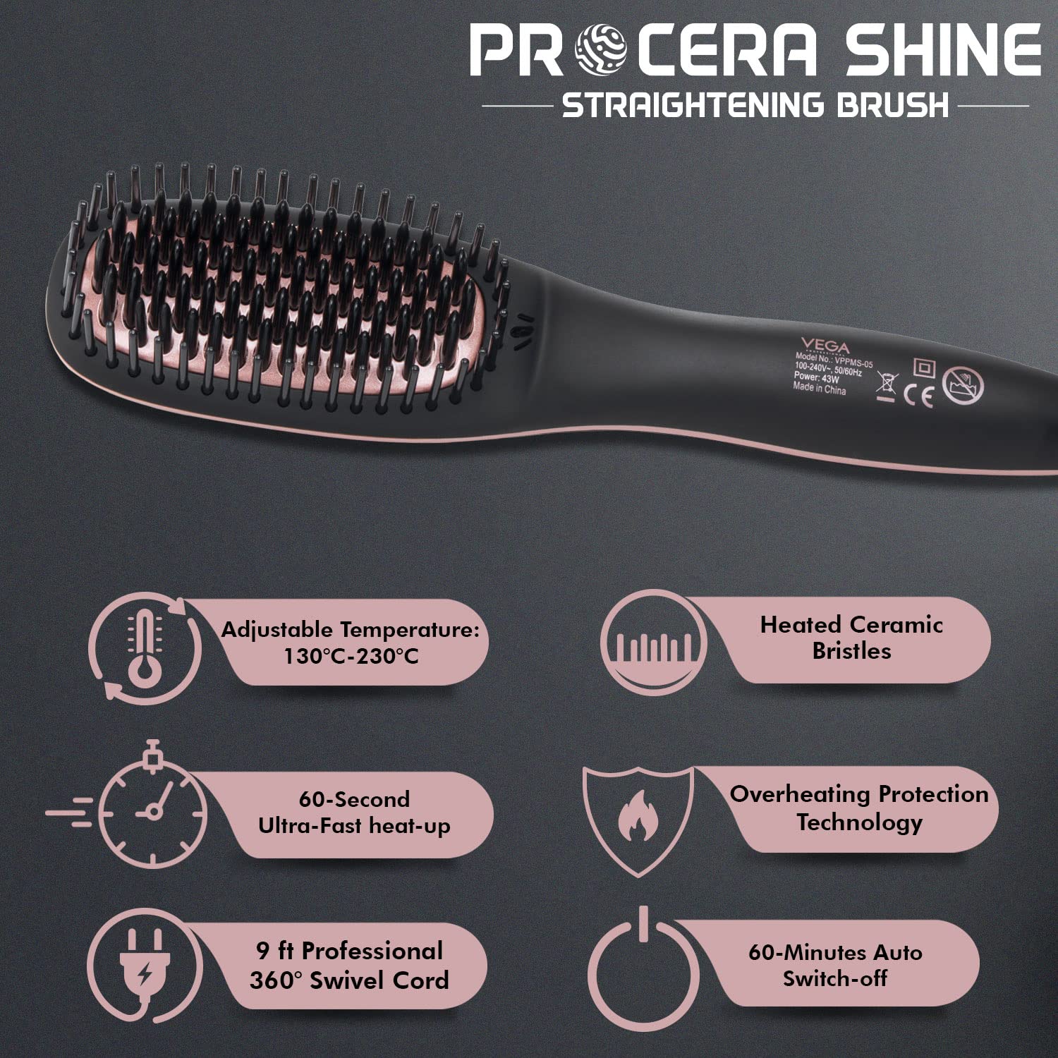 VEGA PROFESSIONAL Pro Cera Shine Hair Straightener Brush For Women With Ceramic Bristles