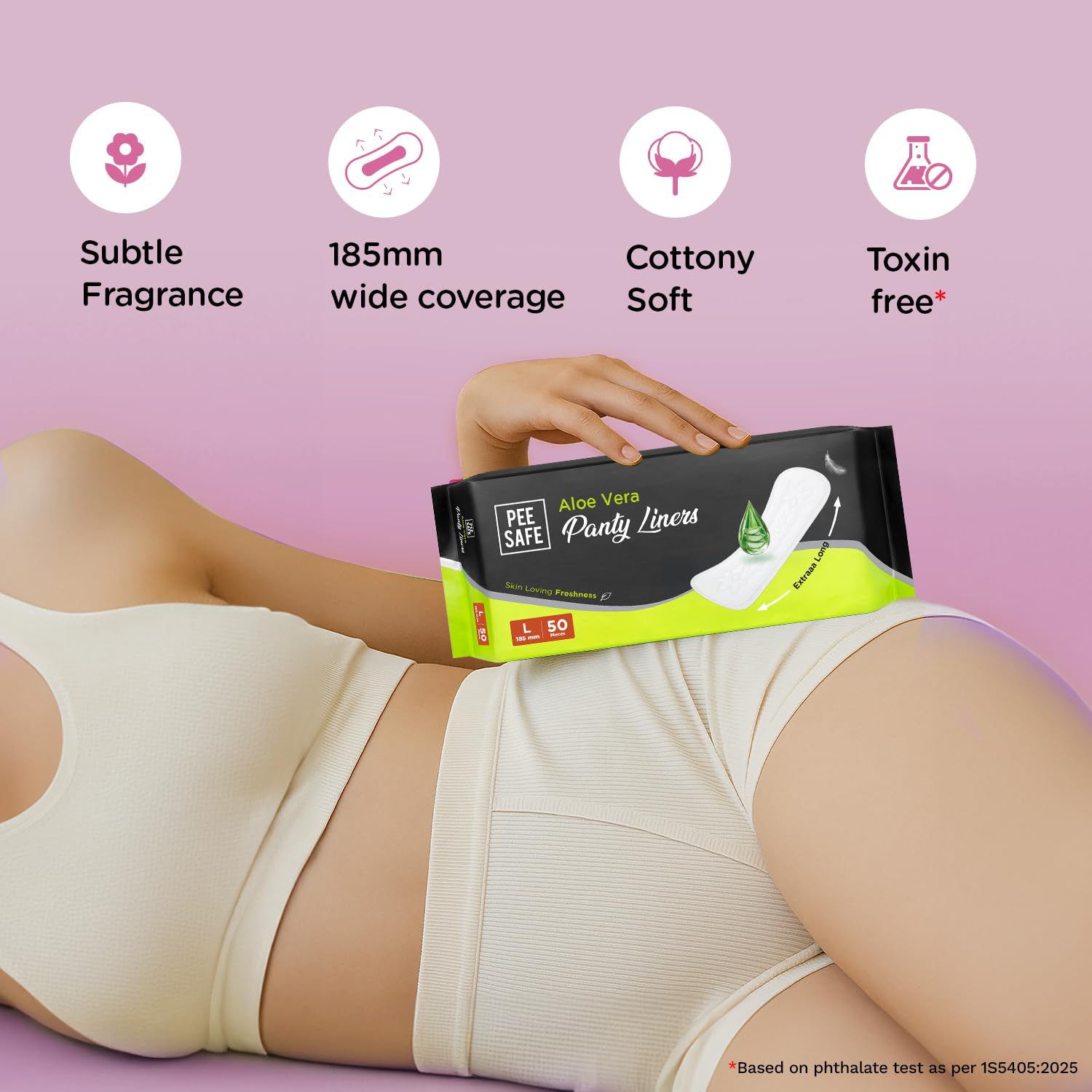 PEESAFE Aloe Vera Panty Liners (Pack of 50 Liners) | Curvy Design For Extra Comfort | Cottony-Soft Surface With 185mm Wide Optimal Coverage) | Curvy Design For Extra Comfort | Cottony-Soft Surface With 185mm Wide Optimal Coverage