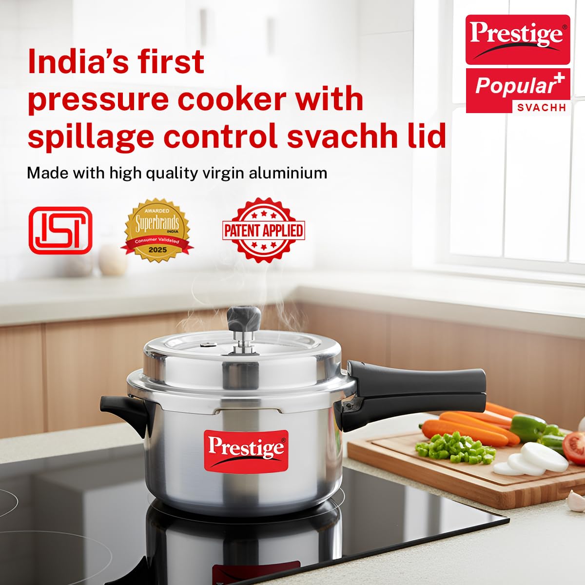 Prestige Popular Plus Svachh Virgin Aluminium Gas And Induction Compatible Outer Lid Pressure Cooker, 4 L (Silver), 4 liter