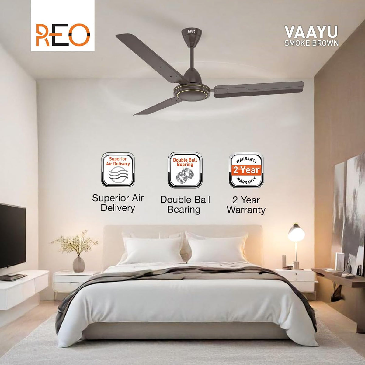 Havells REO Vaayu 1200mm ES Ceiling Fan | High Speed, High Air Delivery | Strong & Powerful, Air Delivery: 220CMM| RPM: 370| 2 Year Warranty | (Pack of 1, Smoke Brown)