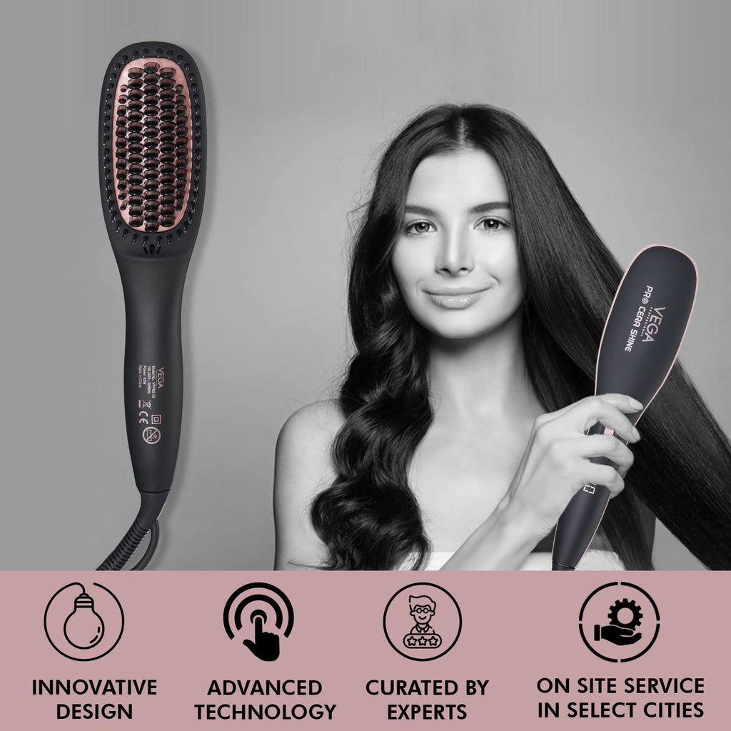 VEGA PROFESSIONAL Pro Cera Shine Hair Straightener Brush For Women With Ceramic Bristles