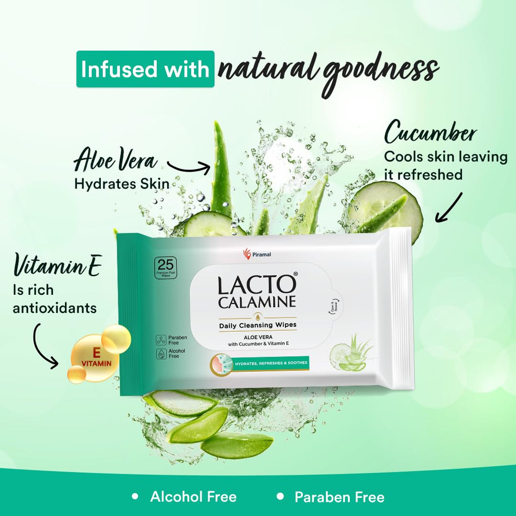 Lacto Calamine Daily Cleansing Face Wipes 25N Each - Pack of 2 | Makeup Remover Wipes | Wet Tissue for Face with Aloe Vera, Cucumber & Vitamin E | Wet..