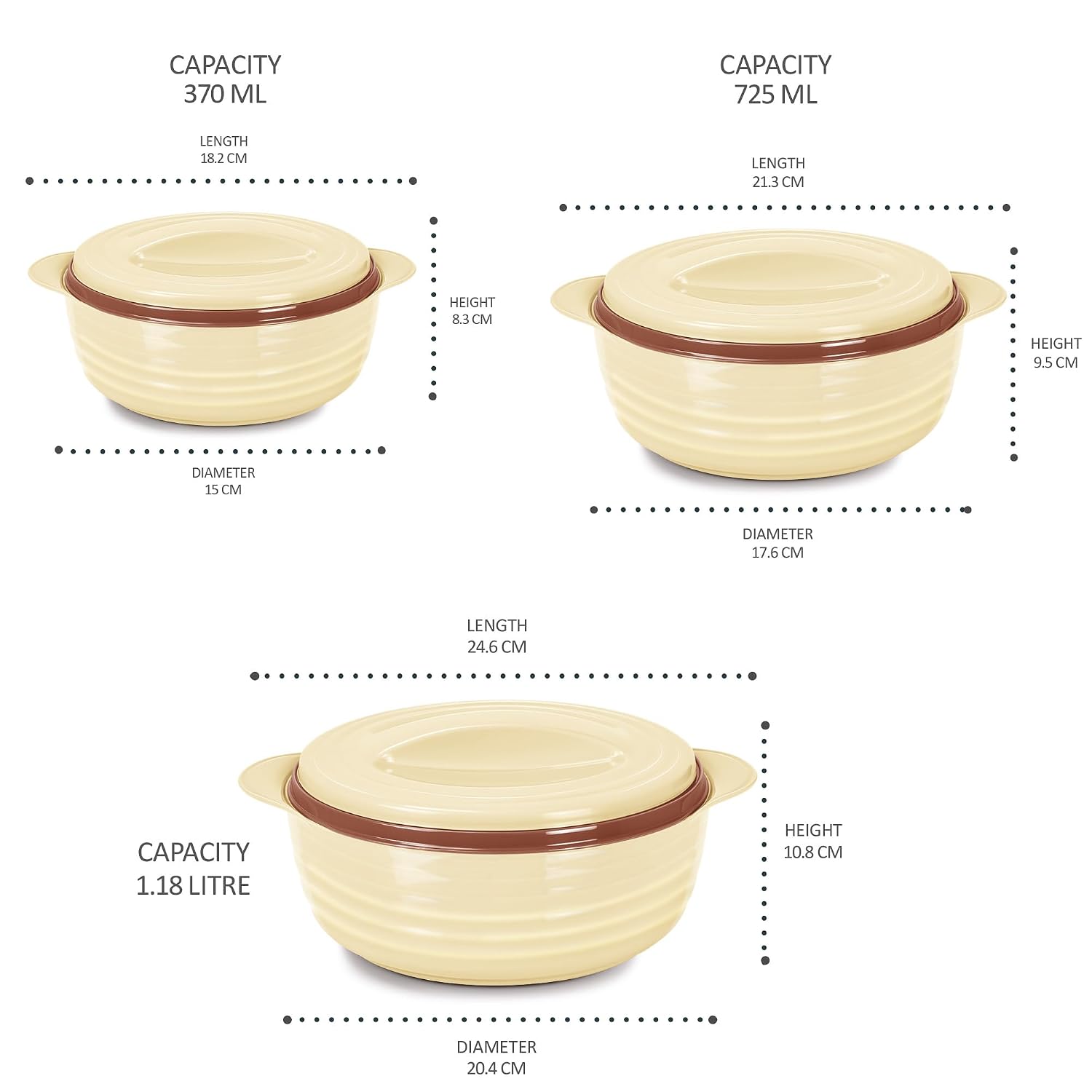 MILTON Aspire Jr. Set of 3 Serving Casserole Double Walled Inner Stainless Steel, (350ml, 720ml,1050 ml)
