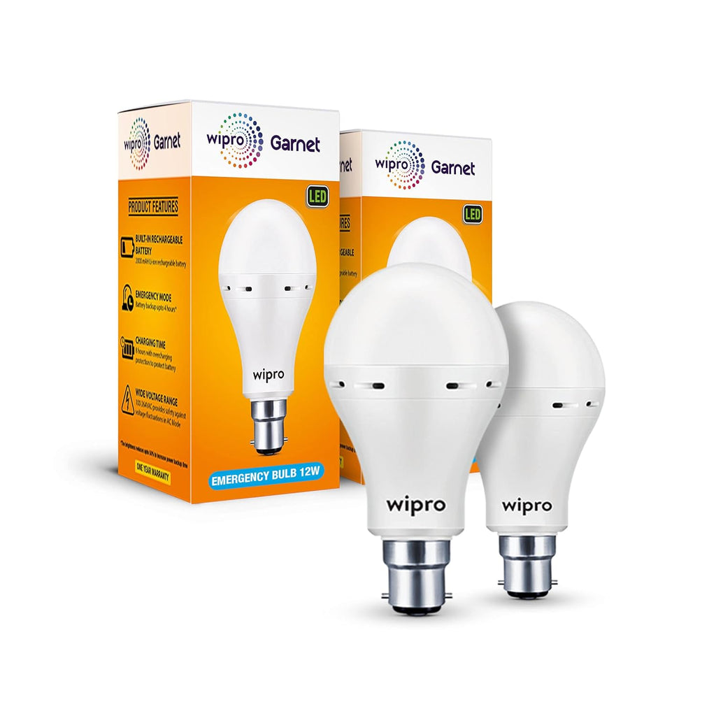 wipro Garnet 12w LED Emergency Bulb | Cool Day White (6500K) | B22 LED Bulb Base | Inverter Bulb for home, with 4 Hours battery back up| Li-ion Battery | Over charging Protection | Pack of 2