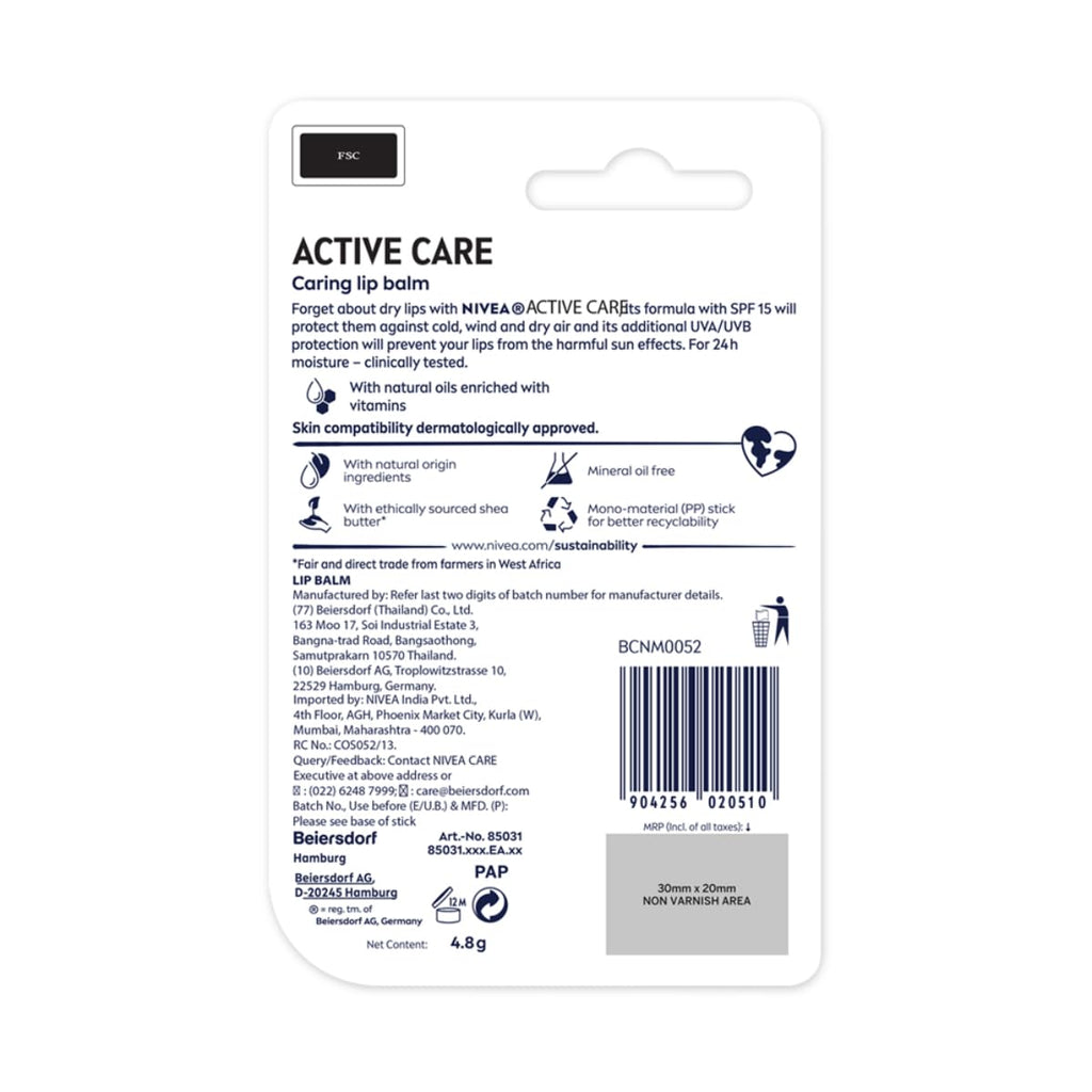 NIVEA MEN Active Care 4.8g Lip Balm|24 H Melt in Moisture Formula|Natural Oils|Nourished Lips,4.8 g (Pack of 1)
