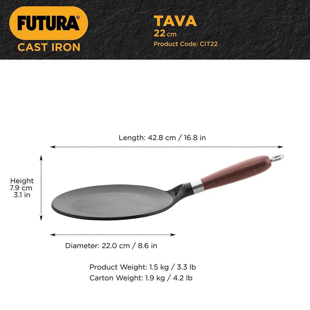 Hawkins 22 cm Futura Cast Iron Tava | Induction & Gas Compatible | Naturally Nonstick | No Coating | Ideal for Roti/Chapati | Black (CIT22)|Induction...