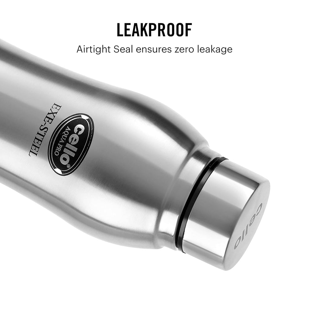 CELLO Aqua Pro Stainless Steel Water Bottle 1000ml Set of 3 Pcs | ISI Certified, Single Walled | Leakproof, Rust Proof, Food Grade, Easy to Carry | Airtight Steel Bottle for Fridge, Office, Gym
