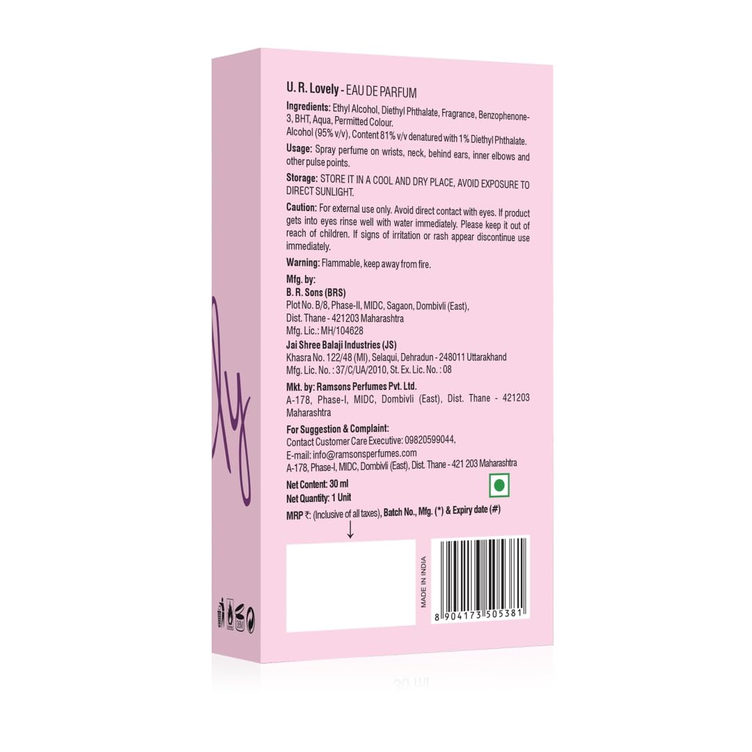 Ramsons - U R LOVELY Eau De Parfum | 30 ML x 2| Perfume For Women | TN - Bergamot, Peach, Orange, Grapefruit, Aquatic | MN - Lilly of the valley, Rose, Jasmine, Cinnamon | BN - Woody, Musk, Vanilla