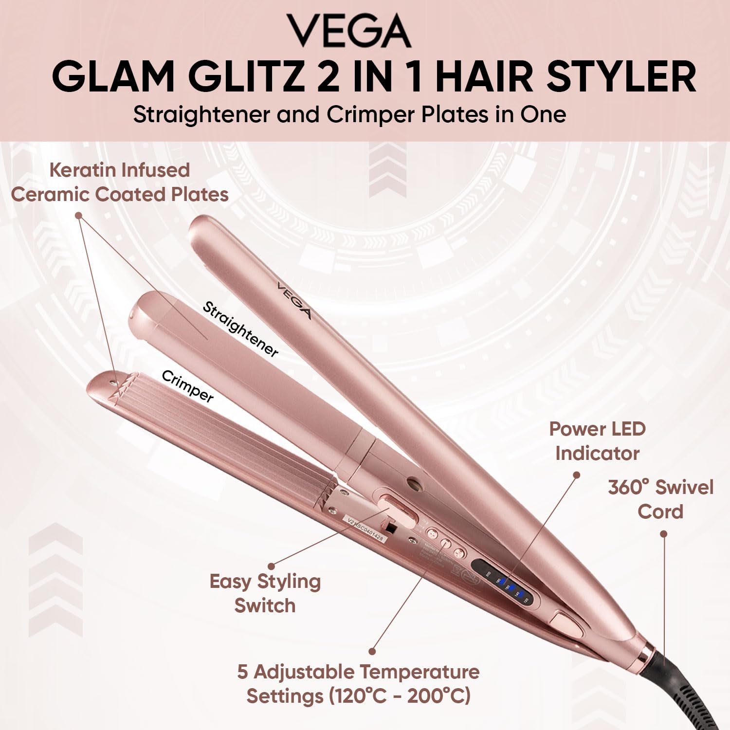 Vega Glam Glitz 2 In 1 Hair Styler, Straightener & Crimper with Keratin Infused Ceramic Coated Plates & 5
