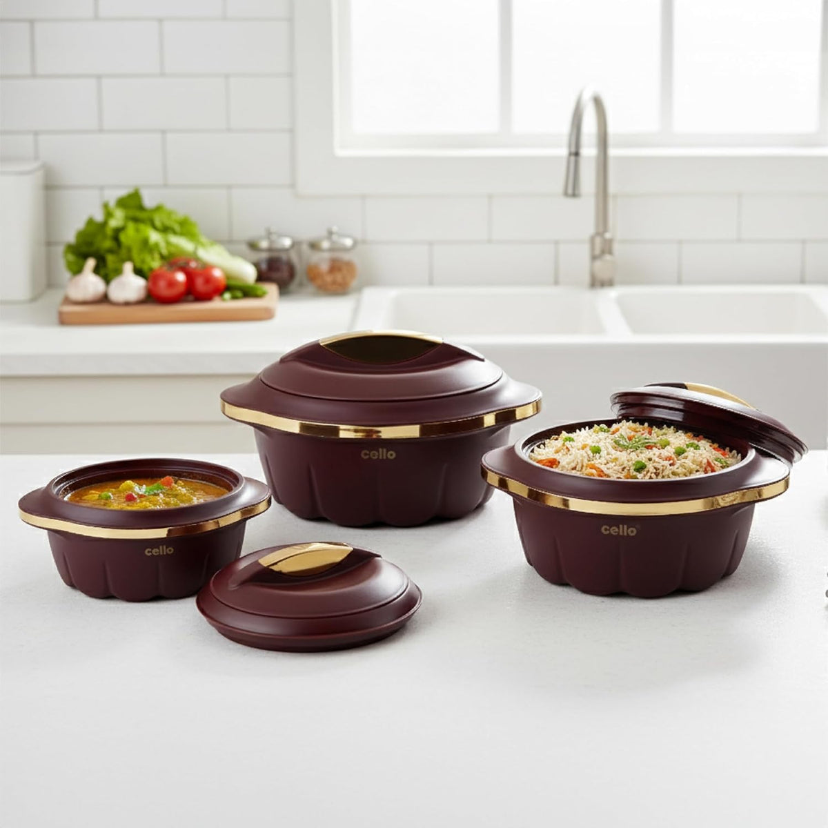 CELLO Stylus Insulated Casserole Hot Pot Box Set of 3 Pcs, Brown (500ml, 1000ml, 1500ml) |