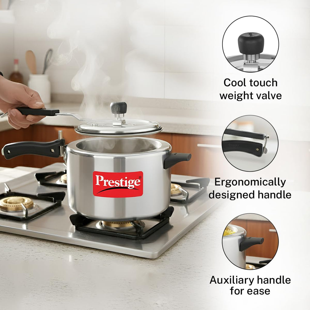 Prestige 5 Litre Aluminium Nakshatra Svachh Innerlid Pressure Cooker|Deep lid for spillage control|Virgin Aluminium|Gas Compatible|Metallic Safety Plug|5 Years warranty|ISI Certified