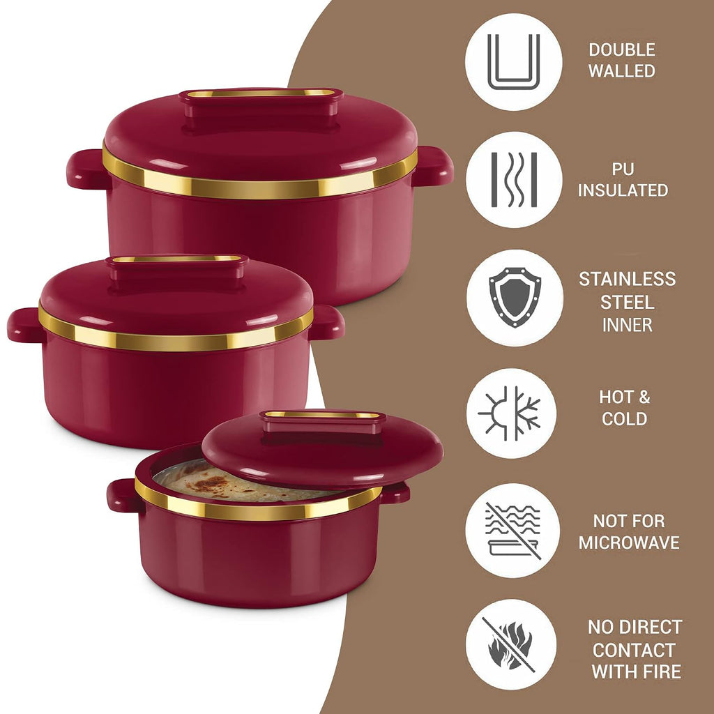 MILTON Curve Inner Stainless Steel Casserole Set of 3 (840 ml, 1300 ml, 1880 ml), Maroon | BPA Free | Food Grade |