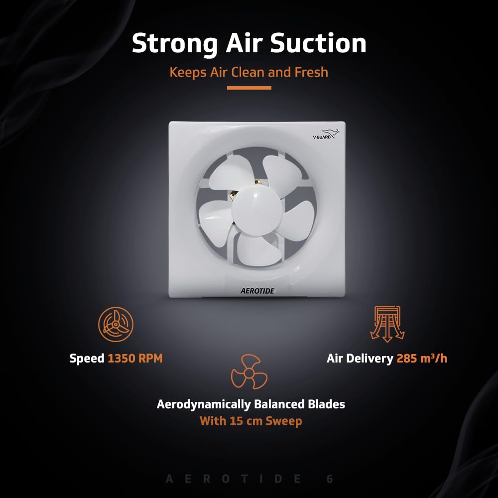 V-Guard Aerotide 6 Exhaust Fan; Speed: 1350 RPM; Sweep: 15 cm and Air Delivery 330 m³/Hr (White) (Blade Size: 6 inch)
