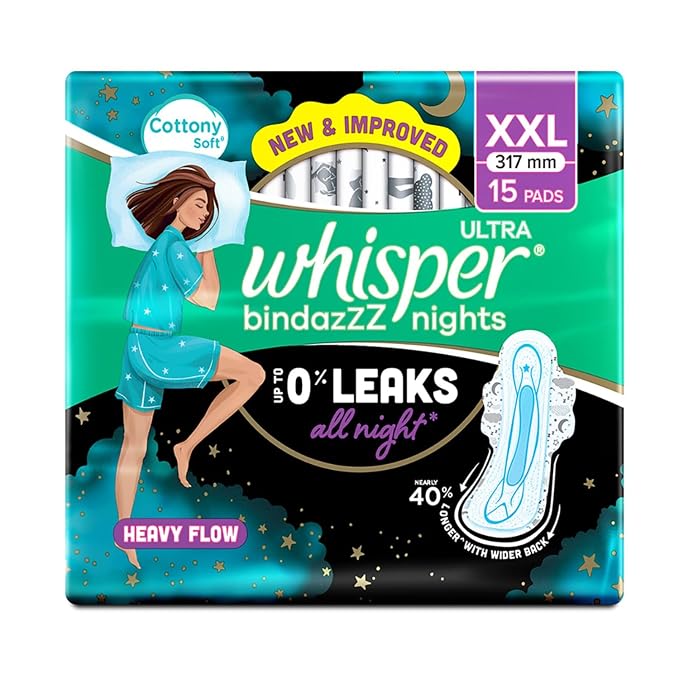 Whisper Bindazzz Nights 15 XXL Sanitary Pads, Upto 0% Leaks All Night Long, For Heavy Flow