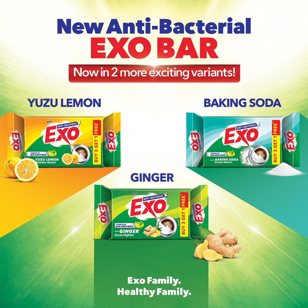 Exo Dishwash Bar, 360gm (90gm X (3 + 1 Bar Free) | Complete Dishwashing Solution With Anti-Bacterial Efficacy & Goodness of Ginger Remove Tough Grime Stains | Experience Hygienic & Superior Cleaning