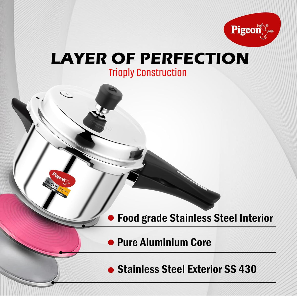 Pigeon by Stovekraft 14551 Induction Base Outer Lid Stainless Steel Pressure Cooker, 5L, Silver